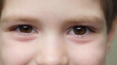 The look of a smiling 5-year-old boy looking into the camera and to the side, brown eyes, close-up.