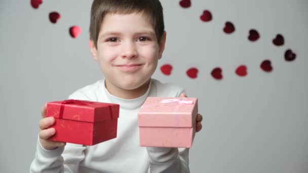 Cute Year Old Boy Gives Red Box Gift Mothers Day — Stock Video