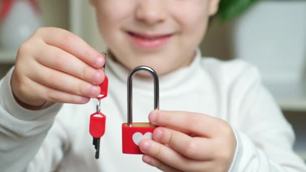 Little Preschool Boy Holds Red Heart Lock Keys Valentines Day — Stock Video