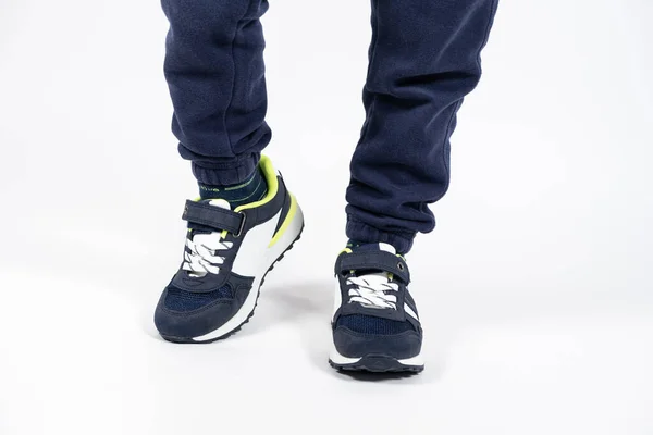 Childrens Shoes Blue Kids Running Shoes Sneakers Legs Five Six — Stock Photo, Image