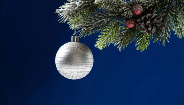 White Silver Ball Snow Covered Branch Christmas Tree Blue Background — Photo