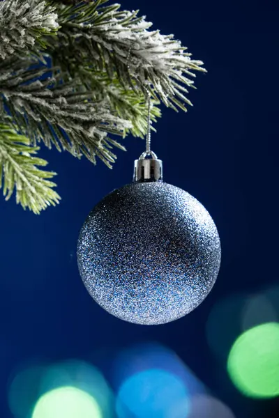 Blue Shiny Ball Snow Covered Branch Christmas Tree Blue Background — Stockfoto