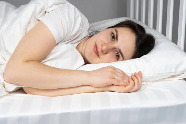 Woman Lies Bed Her Side Pillow Made Hollowfiber Hollow Fiber — Stock Photo, Image