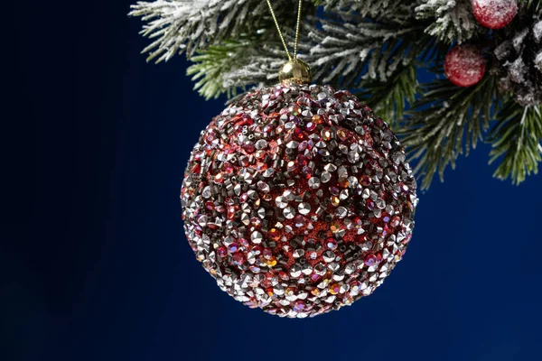 Lovely Shiny Red Ball Snow Covered Branch Christmas Tree Card — Stockfoto