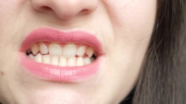 Woman Grits Her Teeth Improper Abrasion Teeth Grinding Teeth Obsessive — Stock Video