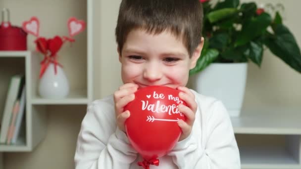 Cute Year Old Boy Holds Balloon Text Valentine Smiles Looking — Αρχείο Βίντεο
