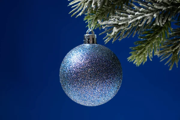 Blauer Glänzender Ball Auf Einem Schneebedeckten Zweig Eines Weihnachtsbaums Auf — Stockfoto