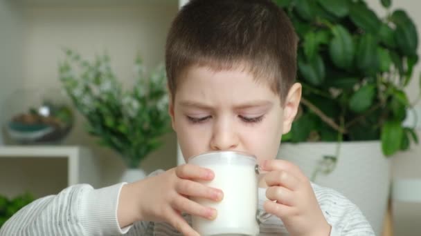 5Χρονο Αγόρι Πίνει Κεφίρ Γιαούρτι Γαλακτοκομικά Για Παιδιά — Αρχείο Βίντεο