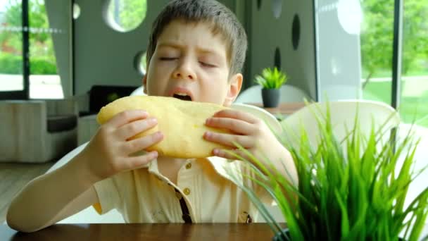 Pięcioletni Chłopiec Pitę Serem Ziołami Kawiarni Siedząc Przy Stole — Wideo stockowe