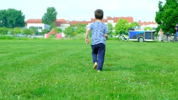Pięciolatek Ucieka Boso Trawniku Austriackim Mieście — Wideo stockowe