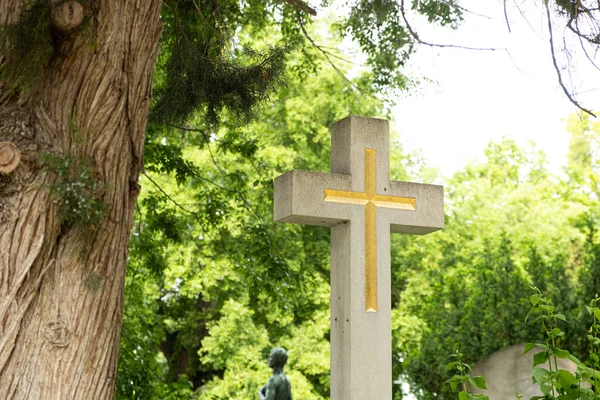 墓园中的一个古老的十字架 背景是树木和天空 — 图库照片