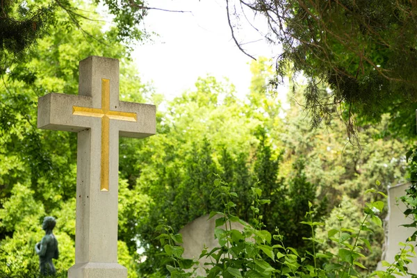 Uma Cruz Antiga Cemitério Contra Fundo Das Árvores Céu — Fotografia de Stock