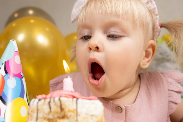 Una Niña Dos Años Apaga Una Vela Pastel Cumpleaños Pide —  Fotos de Stock