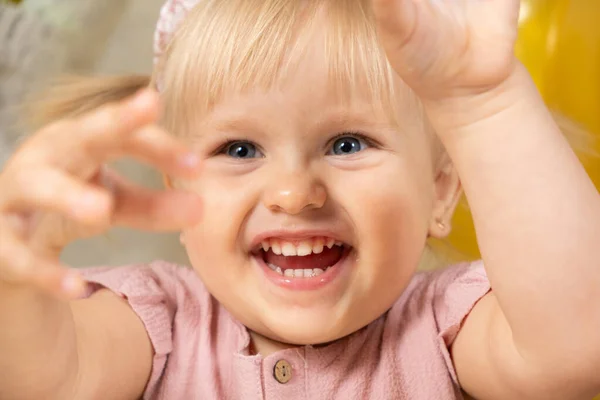 Portrait Laughing Two Year Old Girl Waving Her Arms Upwards — Stock Photo, Image