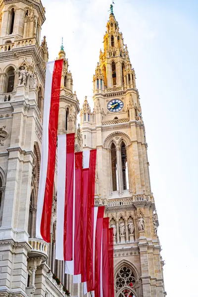 Muchas Banderas Austria Edificio Del Ayuntamiento Viena — Foto de Stock