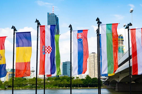 Many flags of European countries - the flag of Romania, Croatia, Slovakia, Bulgaria, Austria