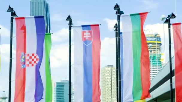 Flagi Chorwacji Słowacji Bułgarii Innych Państw Przeciwko Niebu — Wideo stockowe