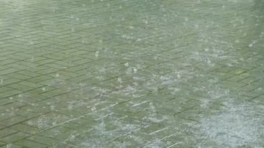 Döşeme tahtalarına, su birikintilerine yağmur damlaları, ağır çekimde yağmur.