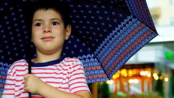 Шестилетний Мальчик Стоит Зонтиком Летом — стоковое видео
