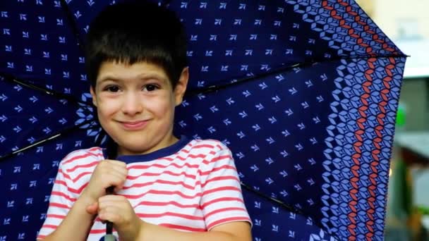 Šestiletý Chlapec Stojí Létě Venku Pod Deštníkem — Stock video