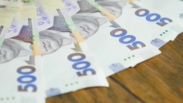 500 Banknotów Hrywien Stole Ruchu Zbliżeniowym Waluta Ukrainy — Wideo stockowe
