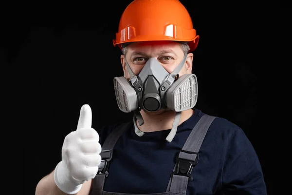 Man Protective Helmet Respirator Goggles Shows Thumbs Black Background Stock Image
