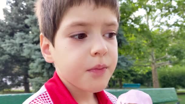Šestiletý Chlapec Zmrzlinu Zatímco Létě Sedí Lavičce Parku — Stock video
