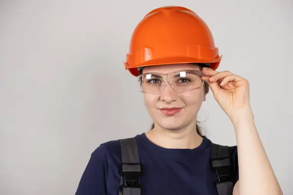 Woman Protective Helmet Glasses Overalls White Background Space Text — Stock Photo, Image