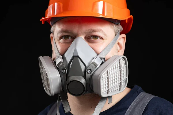 Man Wearing Safety Helmet Respirator Protect Dust Gases Black Background — Stock Photo, Image