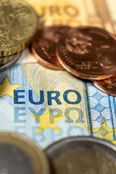Europénz Papírbankjegyek Érmék Közelkép Makró — Stock Fotó