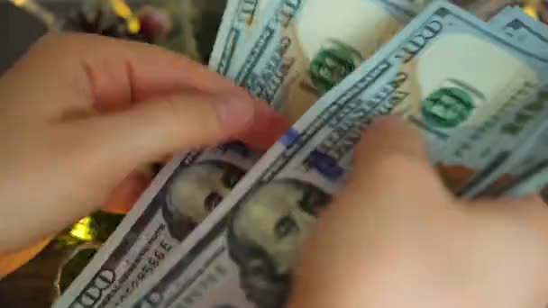 Eine Person Zählt Während Der Weihnachts Und Neujahrsfeiertage Dollar Ausgaben — Stockvideo