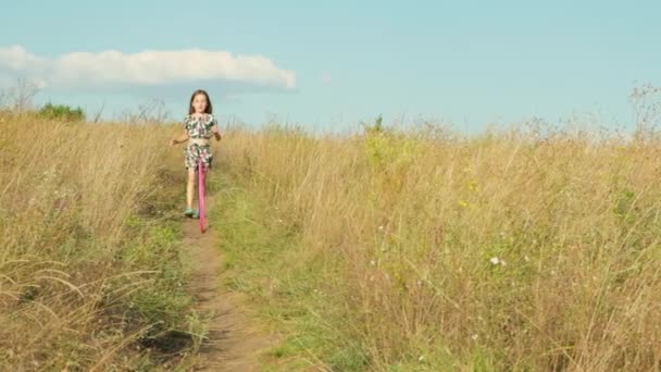 Mała Dziewczynka Biegnie Przez Letnie Pole Obręczą Gimnastyczną Beztroskie Dzieciństwo — Wideo stockowe