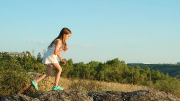 一个5岁的小女孩在野外的石头上行走在大自然中 — 图库视频影像