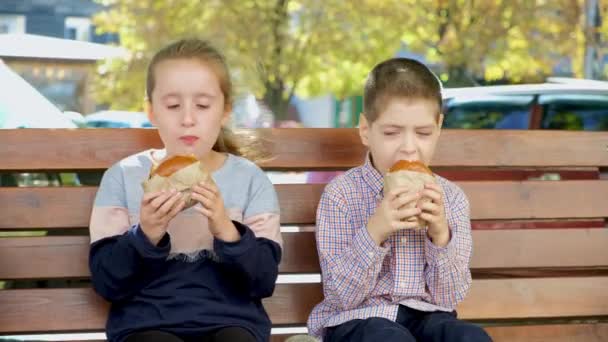 Copii Mici Băiat Fată Mănâncă Burgeri Mâncare Stradală Așezată Bancă — Videoclip de stoc