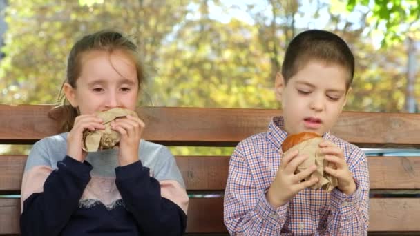 Copii Mici Băiat Fată Mănâncă Burgeri Mâncare Stradală Așezată Bancă — Videoclip de stoc
