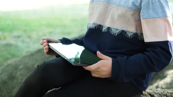 Ένα Μικρό Παιδί Χρησιμοποιεί Ένα Tablet Ενώ Κάθεται Στο Πάρκο — Αρχείο Βίντεο