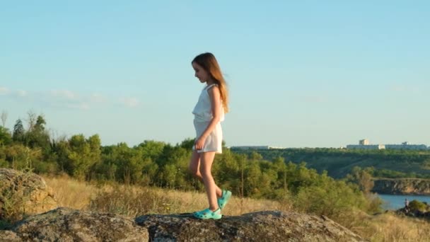 Mała Pięcioletnia Dziewczynka Spaceruje Naturze Kamieniach Polu — Wideo stockowe