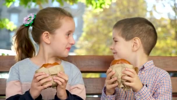 Małe Dzieci Chłopiec Dziewczyna Jedzą Hamburgery Uliczne Jedzenie Ławce Lecie — Wideo stockowe