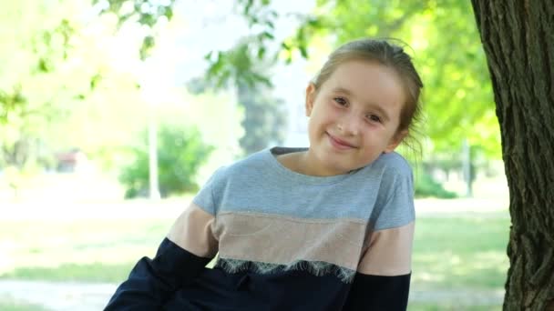 Portret Pięknej Uśmiechniętej Europejskiej Pięciolatki Łonie Natury Parku — Wideo stockowe