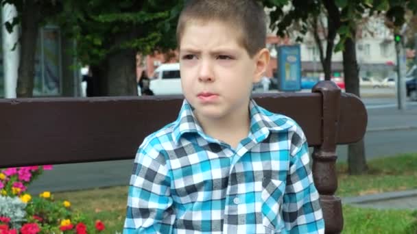 소년은 도시의 벤치에 앉아있는 롤리팝을 먹는다 — 비디오