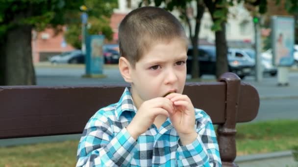Ένα Μικρό Αγόρι Δαγκώνει Ένα Γλειφιτζούρι Ζημιά Των Σκληρών Ζαχαρωτών — Αρχείο Βίντεο