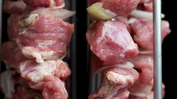 Schweinefleisch Einer Elektrischen Dönerbude Auf Vertikalen Spießen Zubereiten — Stockvideo