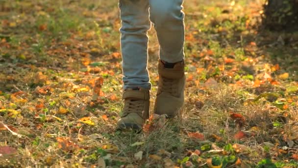Ένα Μικρό Παιδί Περπατά Μπότες Μέσα Στο Φθινοπωρινό Δάσος Πεσμένα — Αρχείο Βίντεο