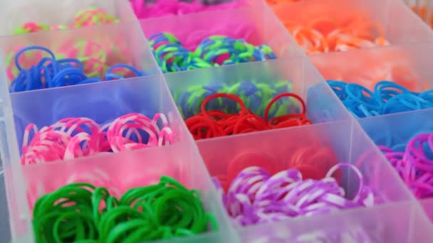 Set Multi Colored Elastic Bands Weaving Bracelets Children — Stock Video