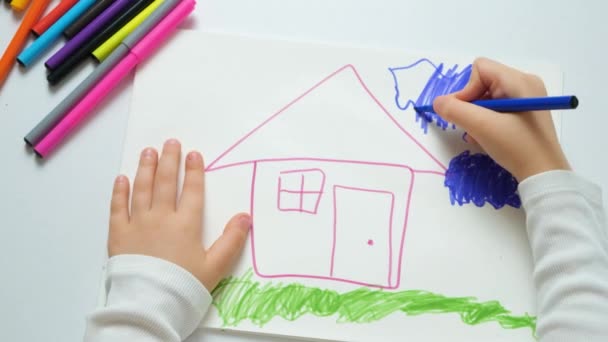 スケッチブックに草と雲を持つ家をフェルトチップペンで描いた小さな子供 — ストック動画