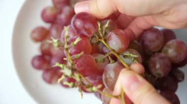 Bir kadın bir tabağa üzüm koyar ve üzümlü bir tabak hazırlar.