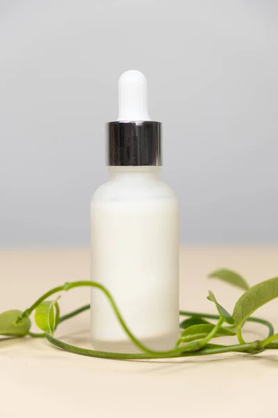 Natural herbal eco cosmetics - cream or serum in a glass jar with a pipette dispenser.