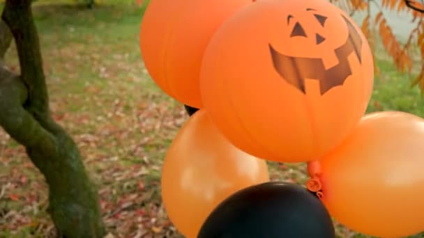 Cadılar Bayramı Balonları Sonbahar Parkında Turuncu Siyah — Stok video