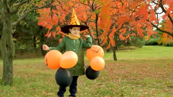 Glücklicher Kleiner Halloween Junge Lacht Beim Spaziergang Herbstpark Mit Vielen — Stockvideo