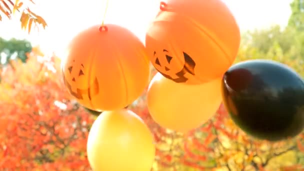 万圣节南瓜气球 秋天公园里的橙色和黑色 — 图库视频影像